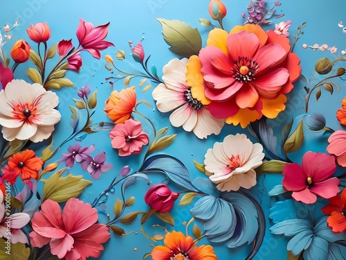background with flowers, Colorful beautiful flowers painted on wall paint design 