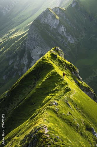 Person Standing on Top of Green Mountain