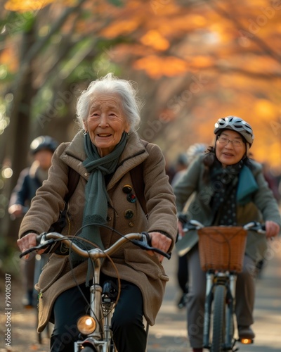 Two old asian women ride bicycles in the park. rest, relaxation and enjoyment of life in retirement.