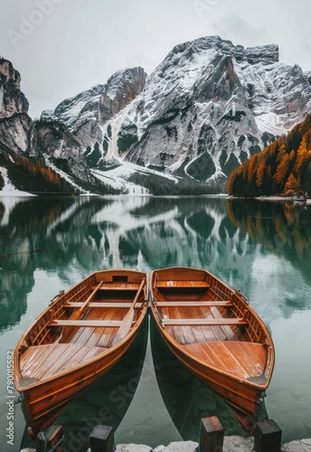 Two Canoes on Lake With Mountains