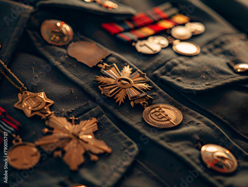 Close-up of military medals on uniform photo