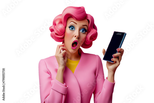 3d model woman with mobile phone with shock expression