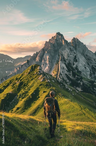 Man Hiking up Mountain Trail at Sunset