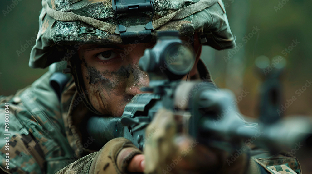 Fototapeta premium Soldier aiming with copy space