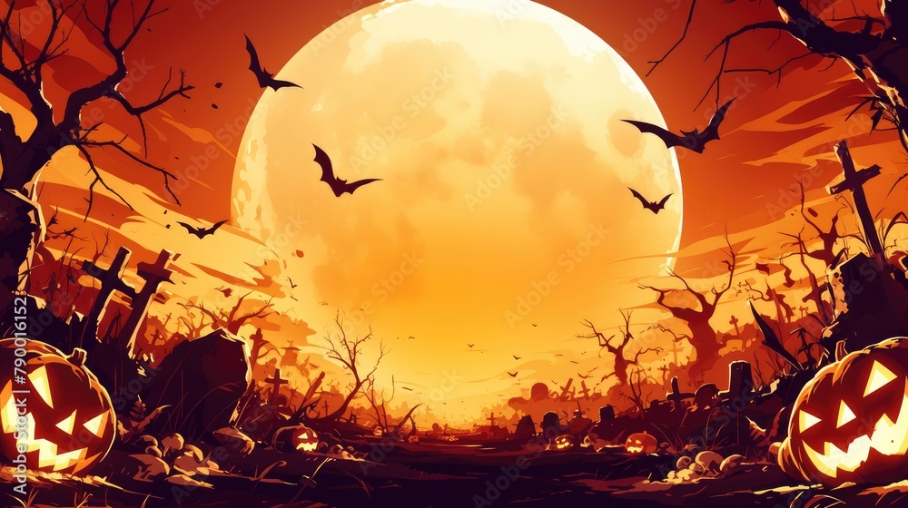 Bats fluttering under the big glowing orange moon make for a classic Halloween scene