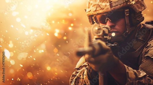 Soldier aiming with copy space photo