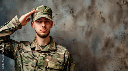 Soldier saluting with copy space photo
