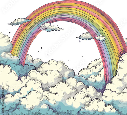 Color engraving Illustration set of RaInbow frame in clouds isolated on white background