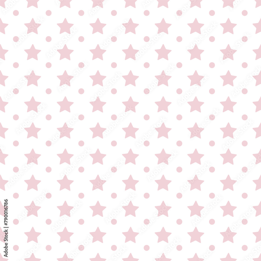 Seamless pattern with stars and polka dots. Cute, baby design for new girl. Pattern for nursery decor, for babies