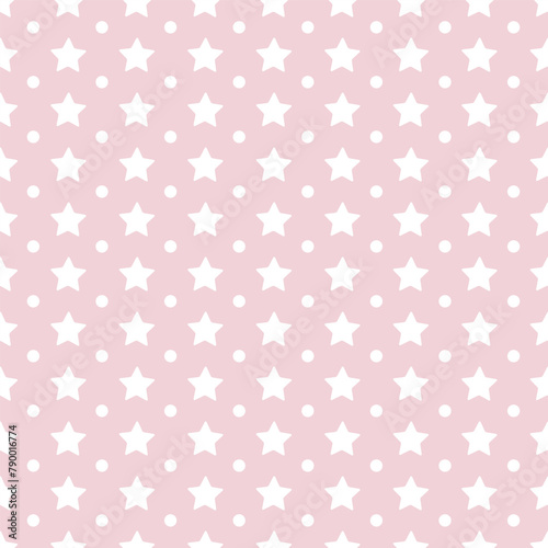 Children's pattern with stars and polka dots. Cute, baby design for new girl. Pattern for nursery decor, for babies, kids elements