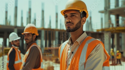 A civil engineer supervising construction workers at a building site, ensuring adherence to safety protocols and quality standards.