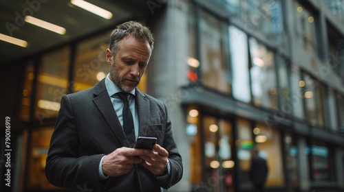 Man in Trench Coat Looking at Cell Phone