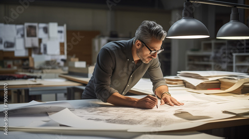 Un architecte examine des plans sur une grande table de travail dans un bureau moderne et bien éclairé. Il porte des lunettes et une chemise à manches longues, penché sur un rouleau de dessins d'archi photo