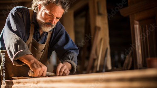 Un artisan menuisier restaure une armoire en bois dans son atelier rempli d'outils traditionnels et de bois de différentes essences. Portant un tablier de travail et des lunettes de protection photo