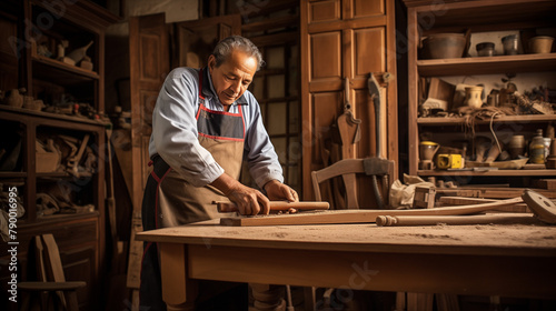 Un artisan ébéniste restaure une ancienne armoire en bois dans son atelier rempli d'outils traditionnels et de bois de différentes essences. Portant un tablier de travail et des lunettes de protection photo