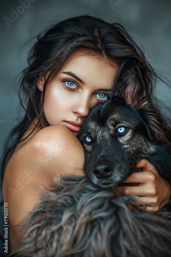 Woman With Blue Eyes Holding Black Dog
