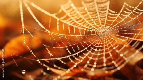 A close-up of a spider web delicately covered in morning dew, with fallen autumn leaves in the background