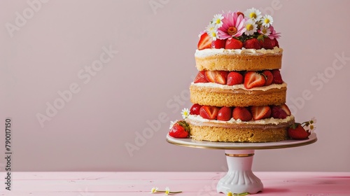 Elegant Multi Layer Cake With Strawberries and Daisies