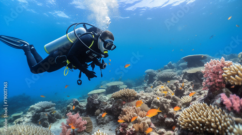 Un biologiste marin plonge dans un récif corallien tropical pour étudier la biodiversité sous-marine. Équipé d'une combinaison de plongée, d'un masque et d'un respirateur, il nage parmi une myriade de photo
