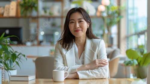 Woman Sitting at Table With Cup of Coffee