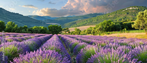 Vibrant lavender fields under a clear blue sky in the picturesque region of Provence, France. photo