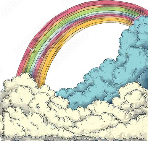 Color engraving raster illustration set of Rainbow frame in clouds isolated on white background