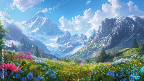 A peaceful alpine meadow dotted with colorful wildflowers, framed by towering peaks that stand as guardians of the natural world.