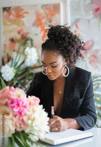 Woman Sitting at Table Writing on Piece of Paper