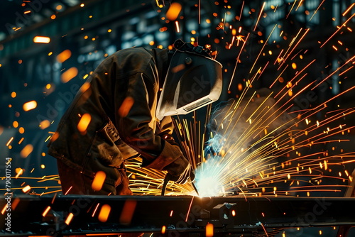 A man welding metal working indoors in a factory