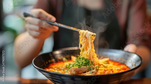 A person slurping noodles from a bowl of Tom Yum chicken soup, relishing the combination of spicy broth, tender chicken,