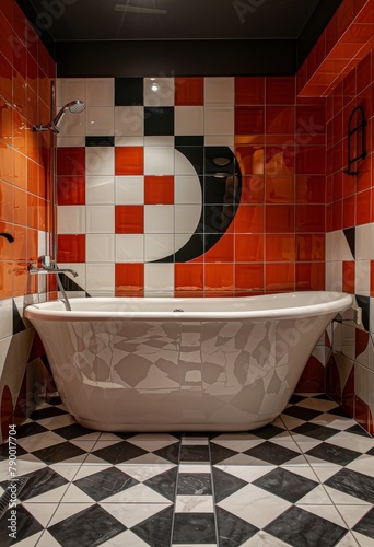 Modern Bathroom With Black and White Tiles and Red Bathtub