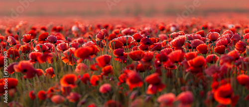 Vibrant red poppies fill a picturesque field in full bloom under a clear blue sky.