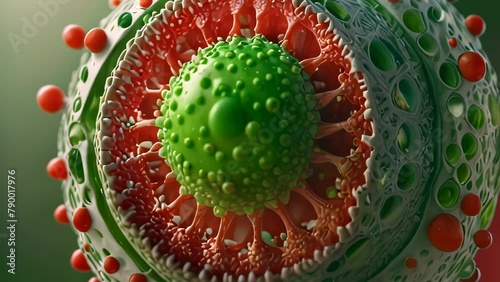 Video animation of digital or artistic representation of a viral particle. It features a large spherical structure with green spike proteins prominently displayed photo