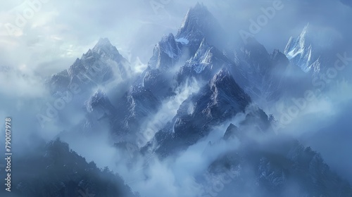 A serene mountain landscape bathed in the soft light of dawn, with misty clouds swirling around the peaks,