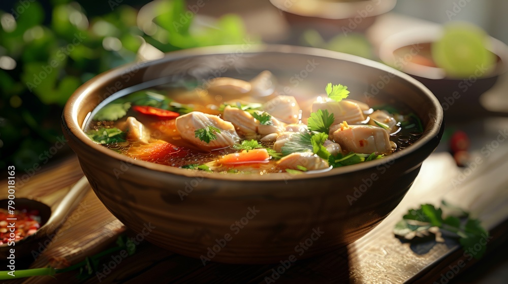 A steaming bowl of chicken Tom Yum soup, filled with fragrant herbs and spices, ready to be enjoyed as a comforting and flavorful meal. A steaming bowl of chicken Tom Yum soup, filled with fragrant herbs and spices, ready to be enjoyed as a comforting and flavorful meal.