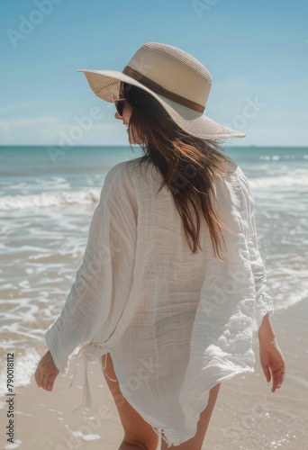 Woman in White Dress and Hat Walking on Beach