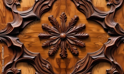 Carving on marquetry, old mahogany wood with patina