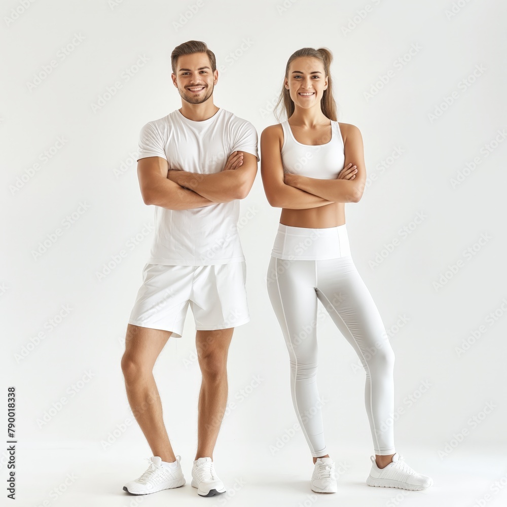 Fototapeta premium Young smiling man and woman in athletic wear standing with arms crossed on a white background.