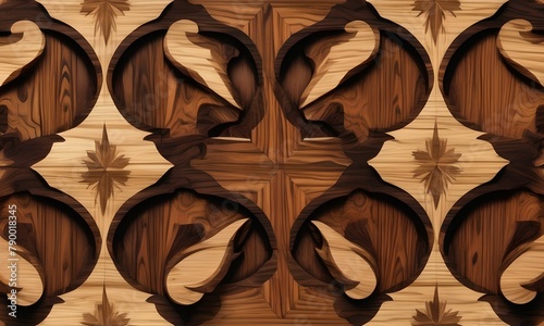 Carving on marquetry, old mahogany wood with patina