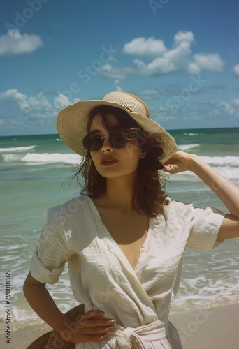 Woman Standing on Beach With Hat and Sunglasses