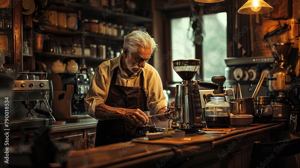 old italian barista During World War II, coffee was being made, on old house background old italian barista During World War II, coffee was being made, on old house background