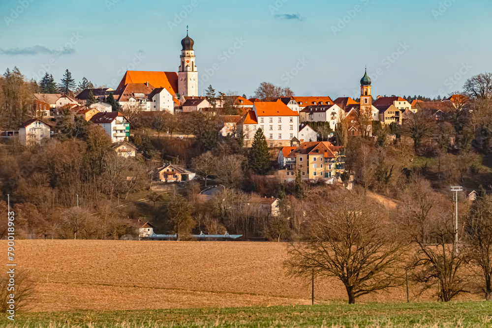 Spring view with two churches near Bad Griesbach im Rottal, Passau, Bavaria, Germany