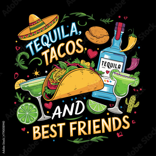 2024 cinco de mayo typography t shirt vector and print template, Tequila tacos and best friends
