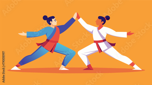 Two martial artists mirror each others movements as they perform a synchronized dynamic stretching routine increasing balance coordination and