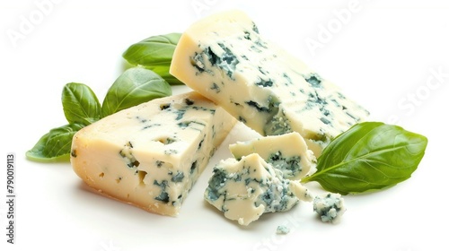 Isolated white background with blue cheese and basil leaves