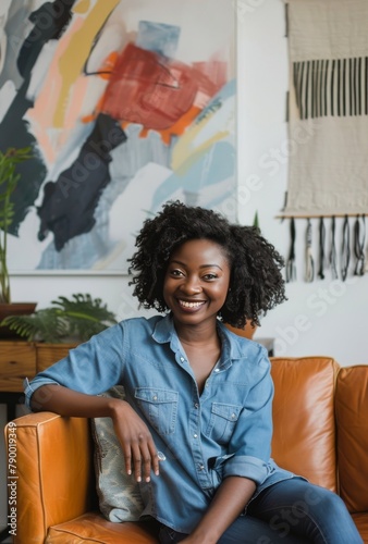Woman Sitting on Couch in Living Room