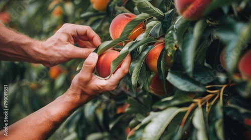 Close-up of hands reaching for ripe peaches on a tree branch, demonstrating the precision and delicacy required for fruit picking.
