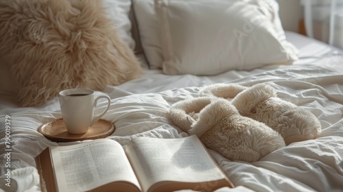A Cup of Coffee and a Book on a Bed