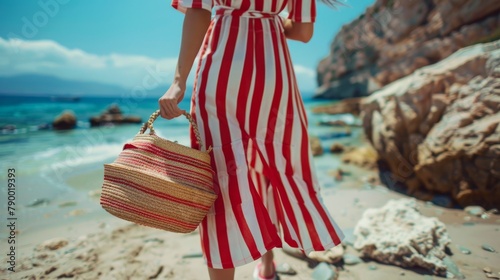 Woman in Red and White Striped Dress Holding Straw Bag