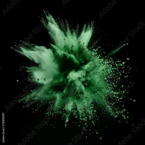 Explosion splash of green color powder with freeze isolated on black background, abstract splatter of colored dust powder